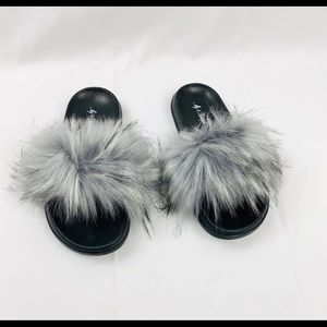 Gray Raccoon Fur Slides